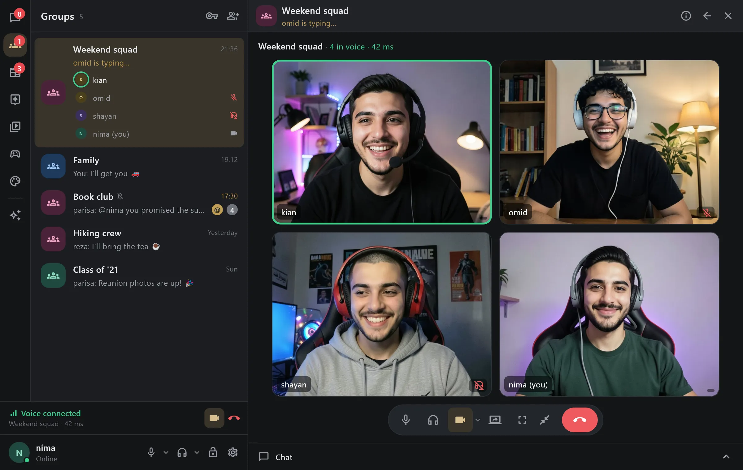 A group's voice room on Windows with four cameras on