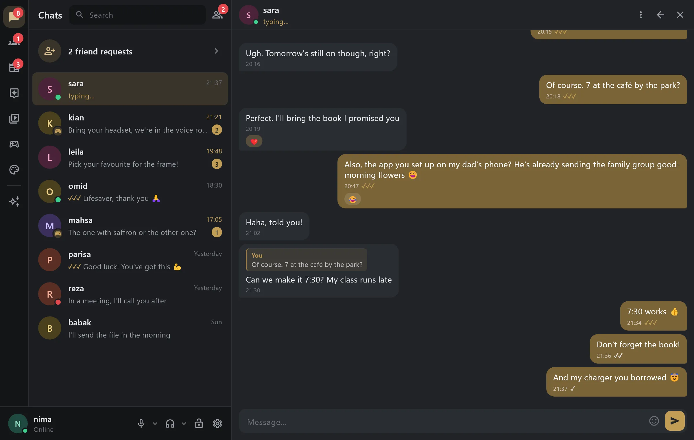Aban on Windows: the chat list and a conversation with Sara