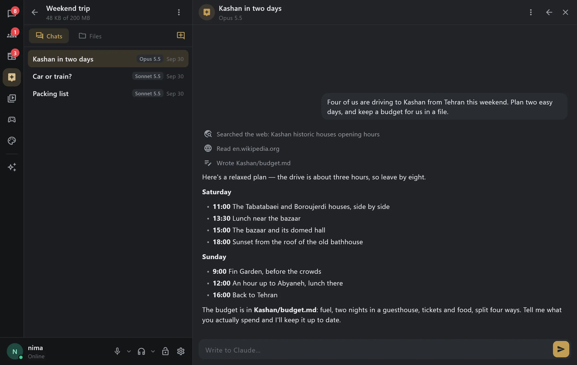 Claude on Windows: a workspace and a chat planning a trip