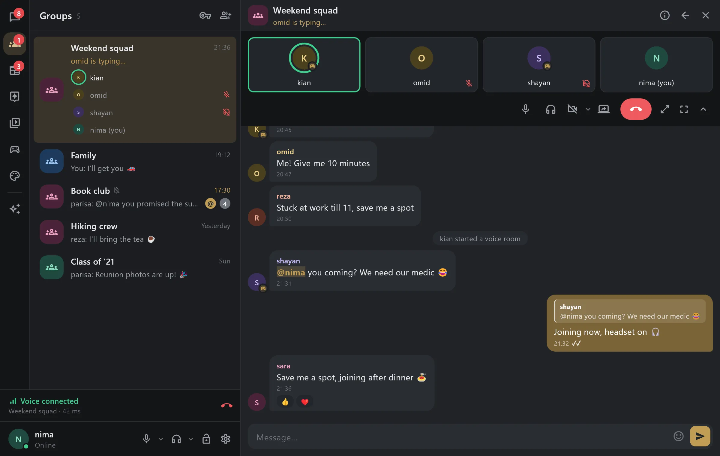A group's voice room on Windows, showing who is talking