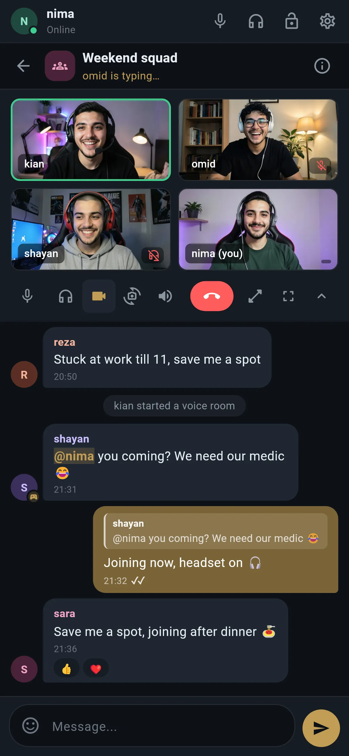 A voice room on Android with the cameras on