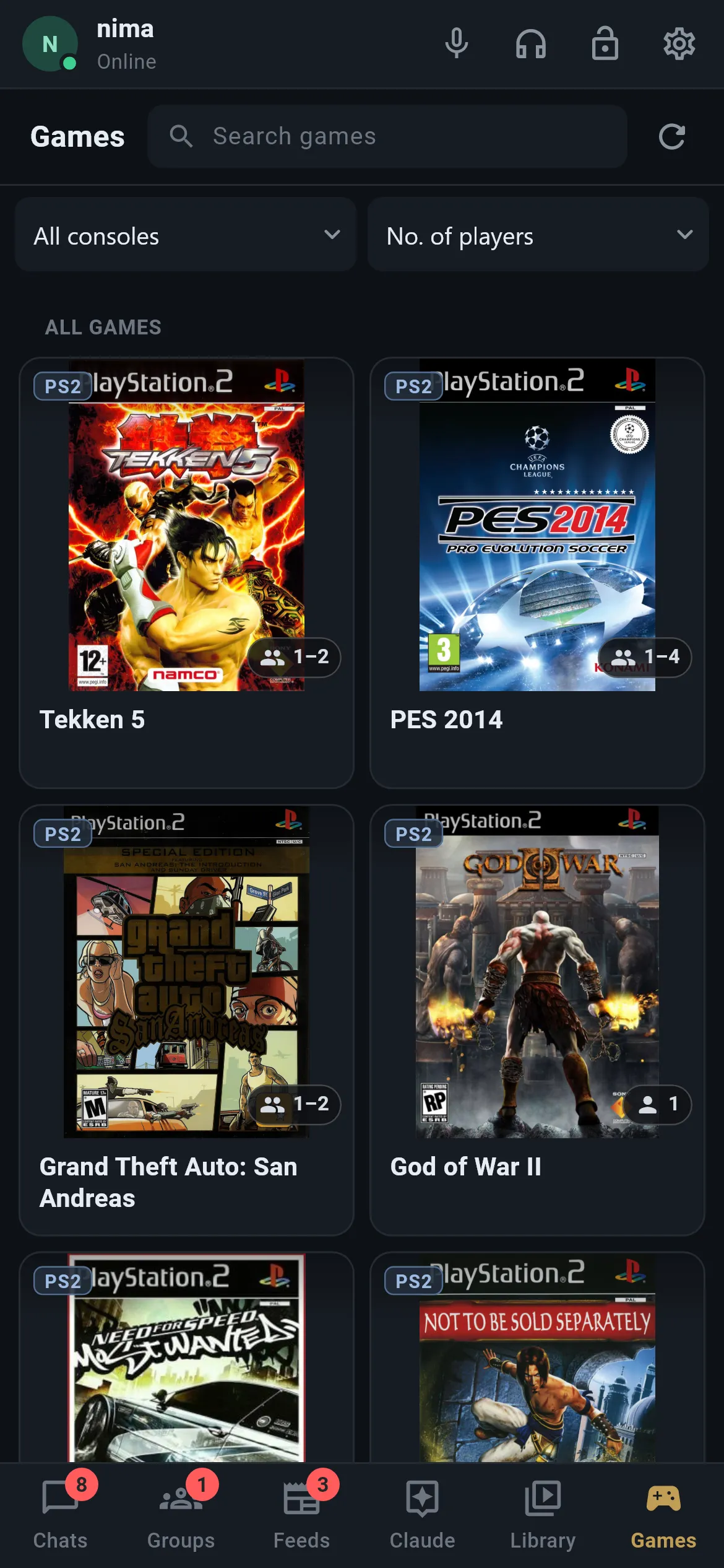 The games catalog on Android